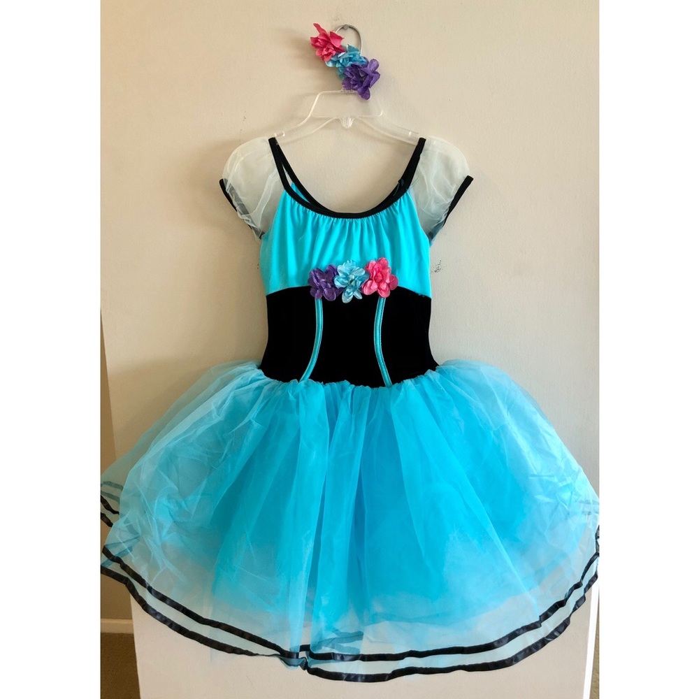 Girls Dance Costume - Aqua/Black w/Flowers - Ch Lg